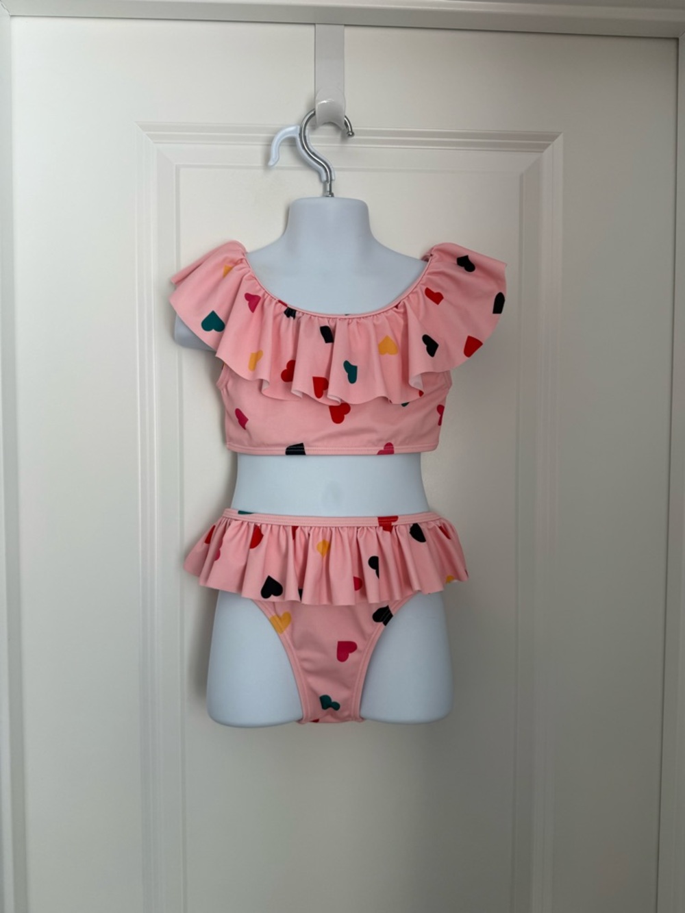 Pink Ruffle Two-Piece Swimsuit with Multicolor Heart Print